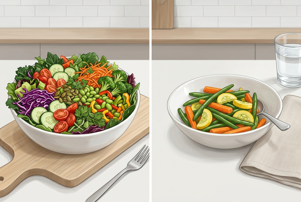 Large complex raw salad compared with a smaller simple salad and lightly cooked vegetables for a tolerance test.