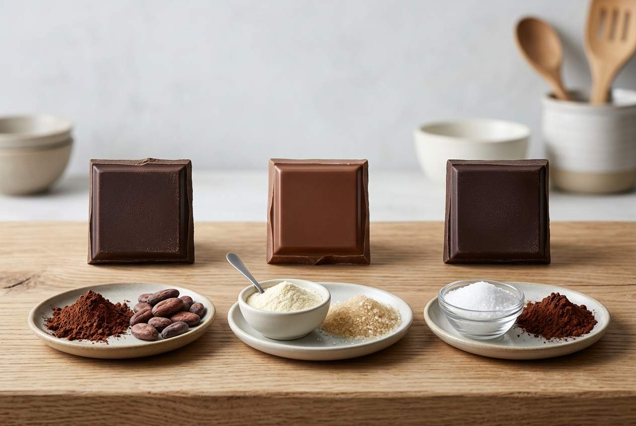 Dark chocolate ingredient comparison showing plain cocoa, milk ingredients, and sugar-alcohol sweeteners.