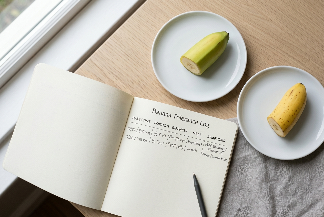 Food journal comparing portion, ripeness, meal context, and symptoms after firm and ripe banana tests