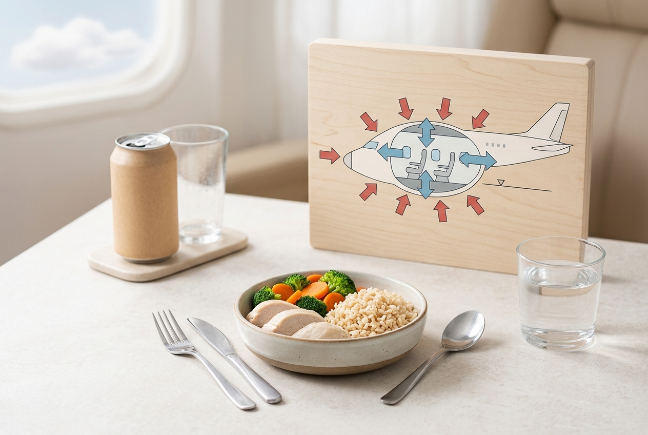 Still water and a moderate meal beside a visual explanation of cabin-pressure gas expansion