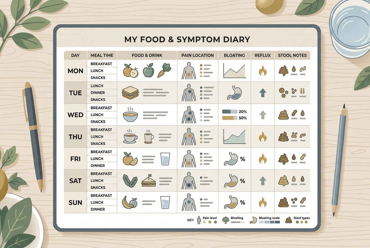 Food and symptom diary used to track stomach pain after meals