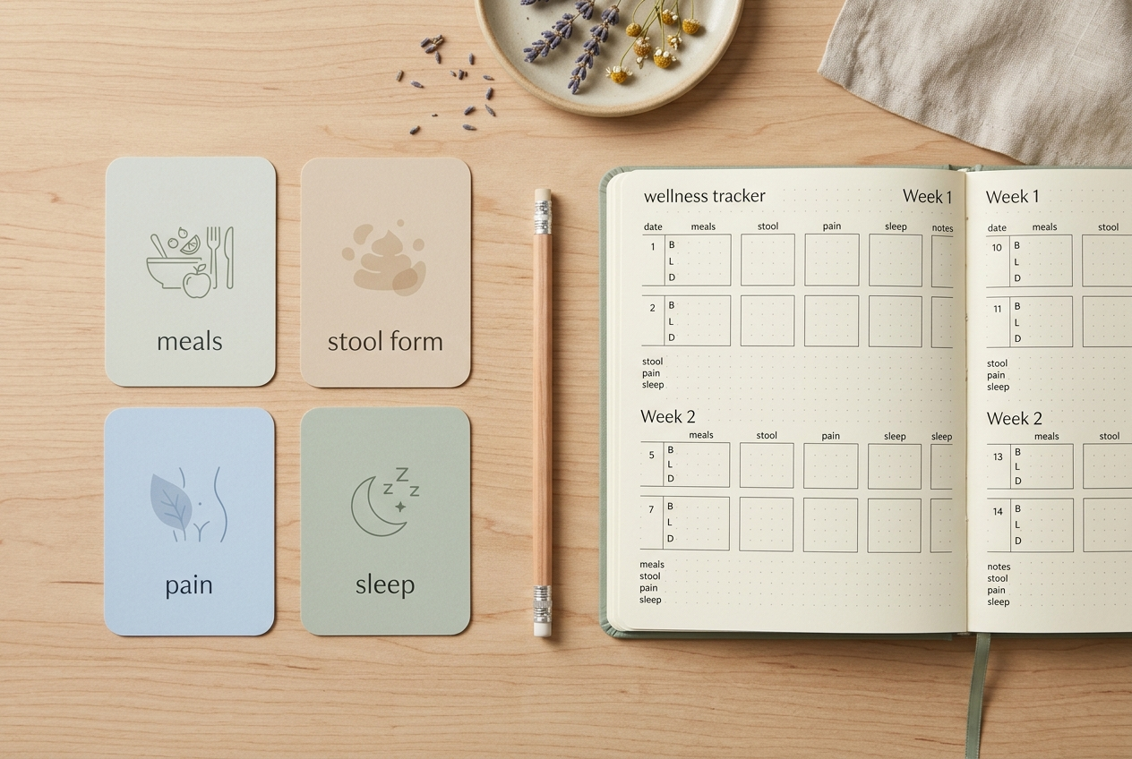 Two-week digestive symptom tracker with cards for meals, stool form, pain, and sleep