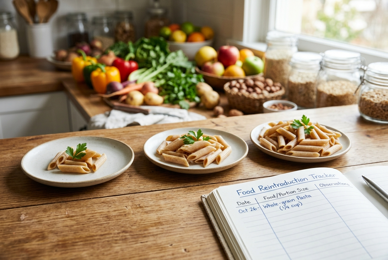 Three measured food-challenge portions beside a FODMAP reintroduction tracker