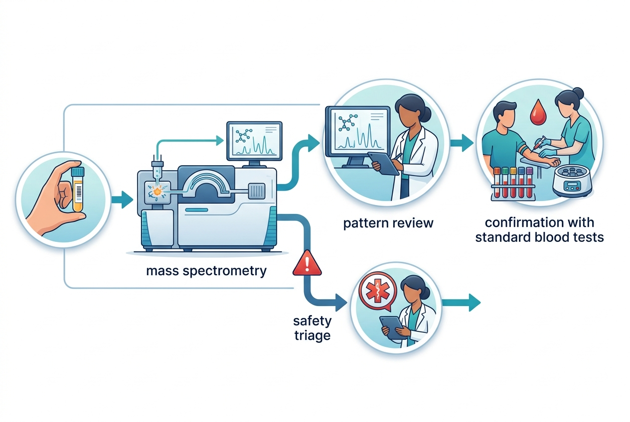 Clinical pathway from urine organic-acid testing through pattern interpretation, confirmatory tests, and safety triage