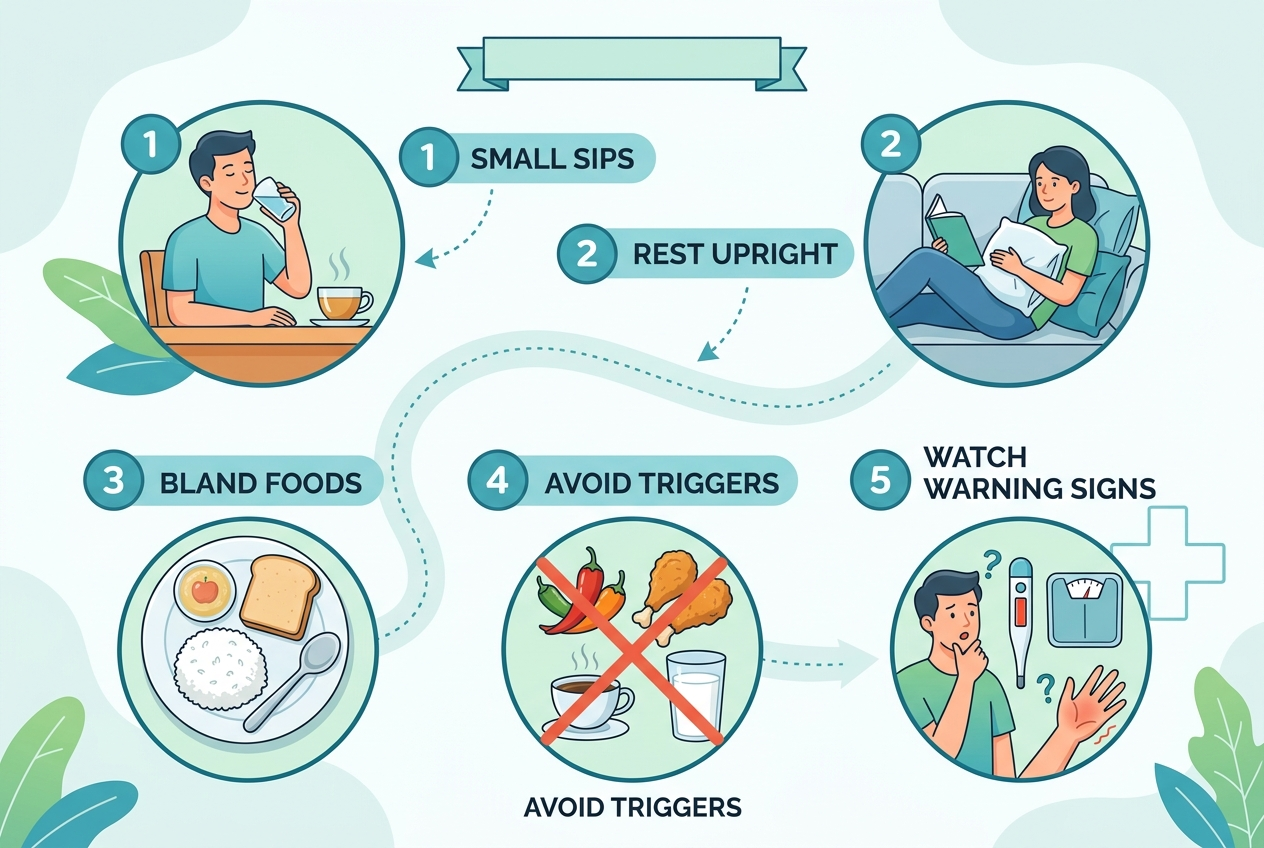 Step-by-step plan for mild upset stomach self-care and warning signs