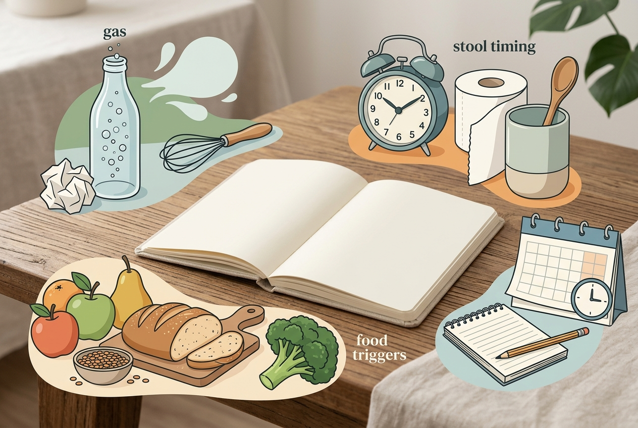 Objects representing gas, constipation, food triggers, and cycle timing for bloating tracking.
