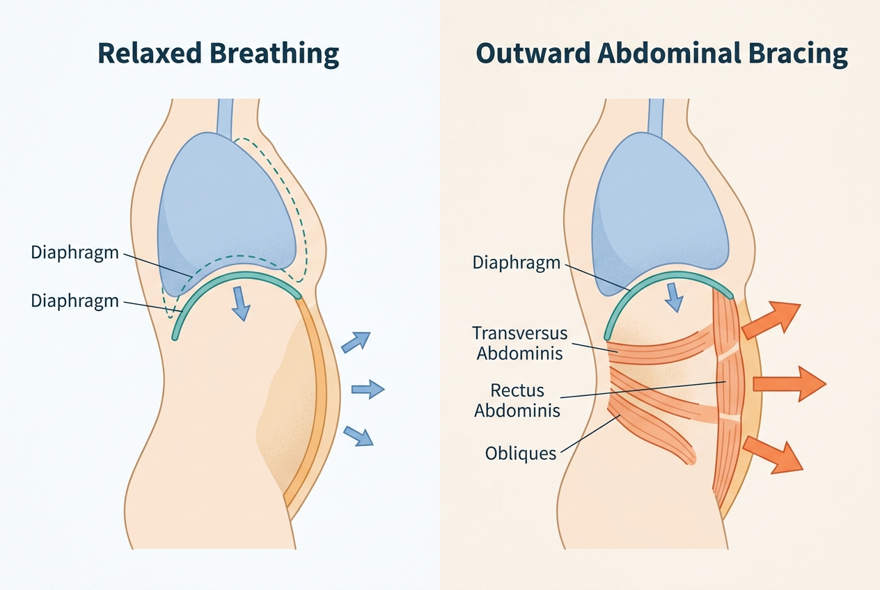 Illustration of diaphragm and abdominal wall coordination during relaxed breathing and abdominal bracing.