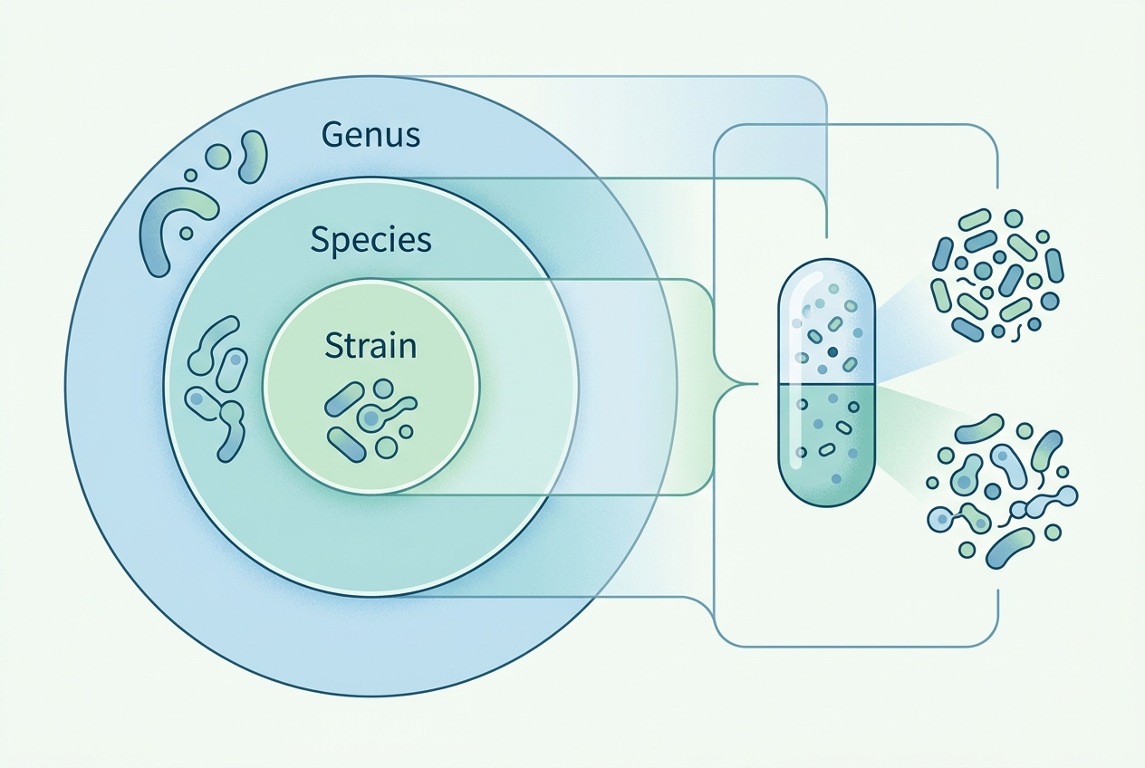 Illustration of probiotic genus, species, and strain identification levels.