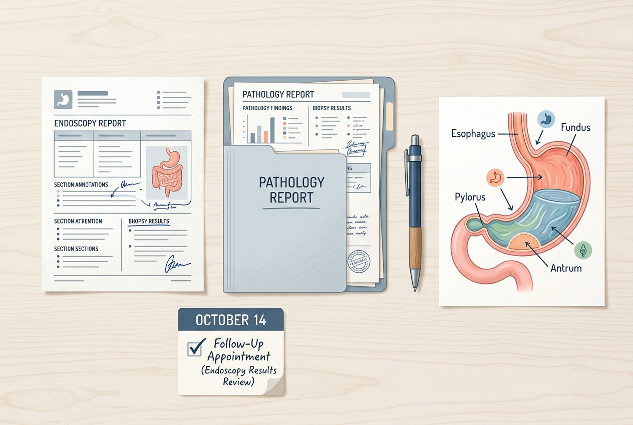 Endoscopy report and pathology folder arranged with a calendar and notes for follow-up.