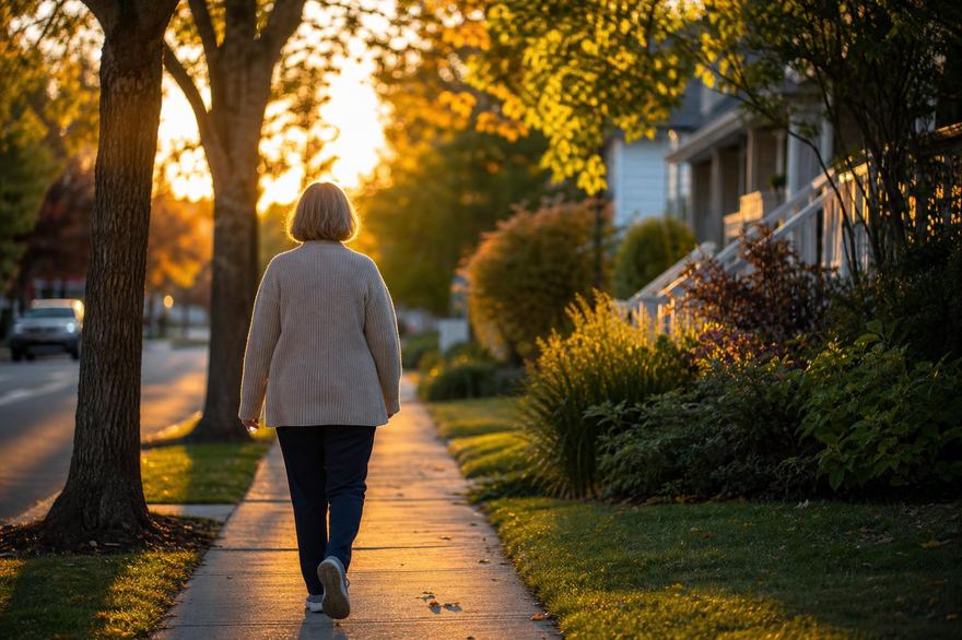 Woman seen from behind taking a relaxed evening walk on a residential street at dusk