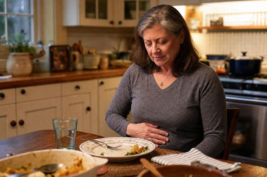 Woman in her late 50s at the dinner table, hand on her stomach after a meal