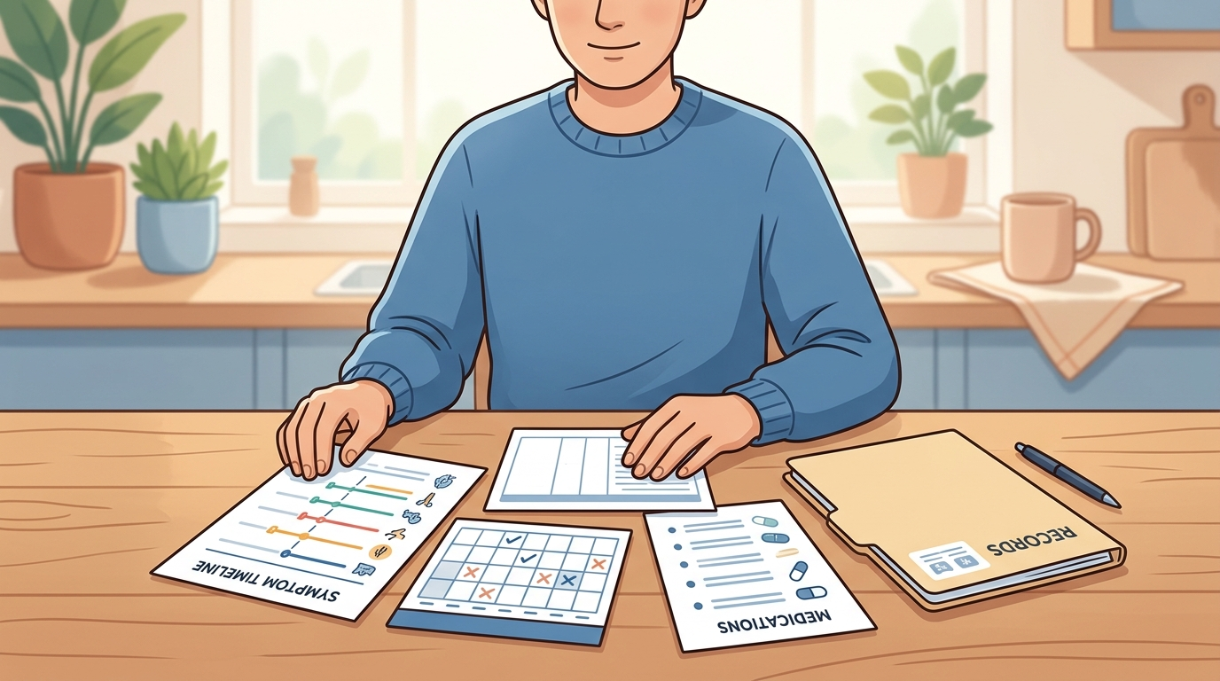 Symptom timeline, medication list, questions, and medical records prepared for a doctor appointment