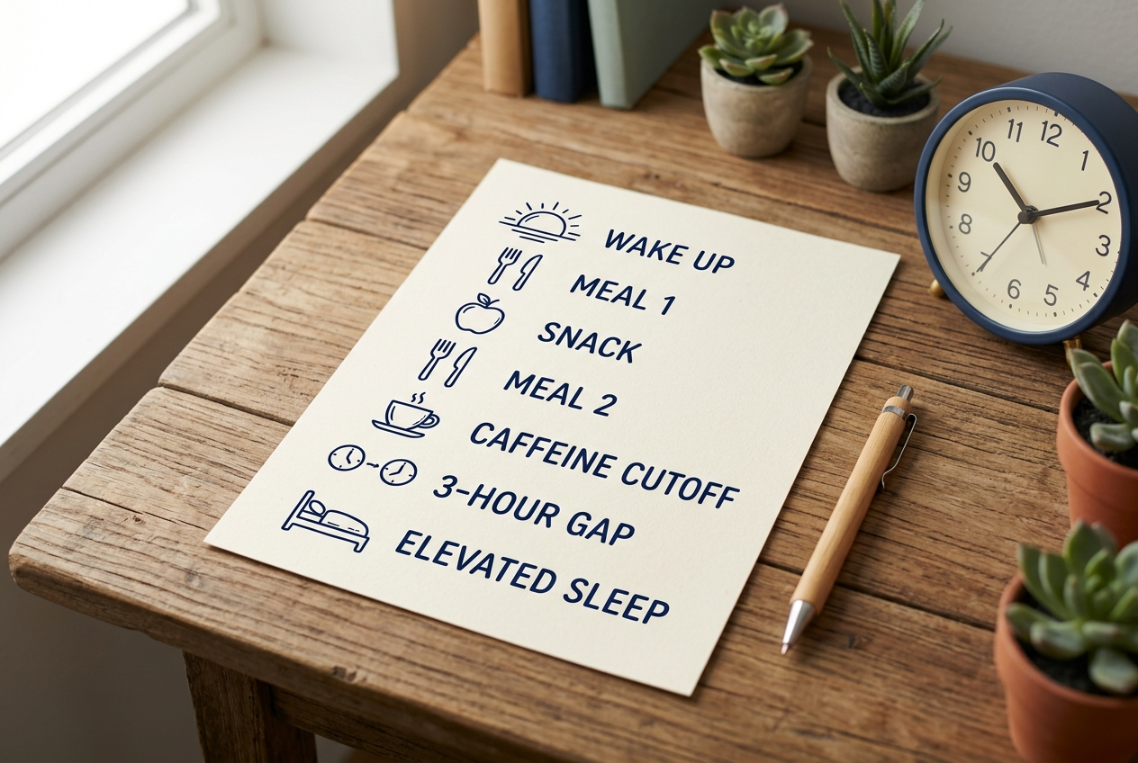 Night-shift reflux schedule showing meals, caffeine cutoff, three-hour food-to-sleep gap, and elevated sleep