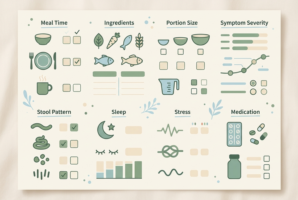 Visual checklist of fields for a free food and digestive symptom tracker