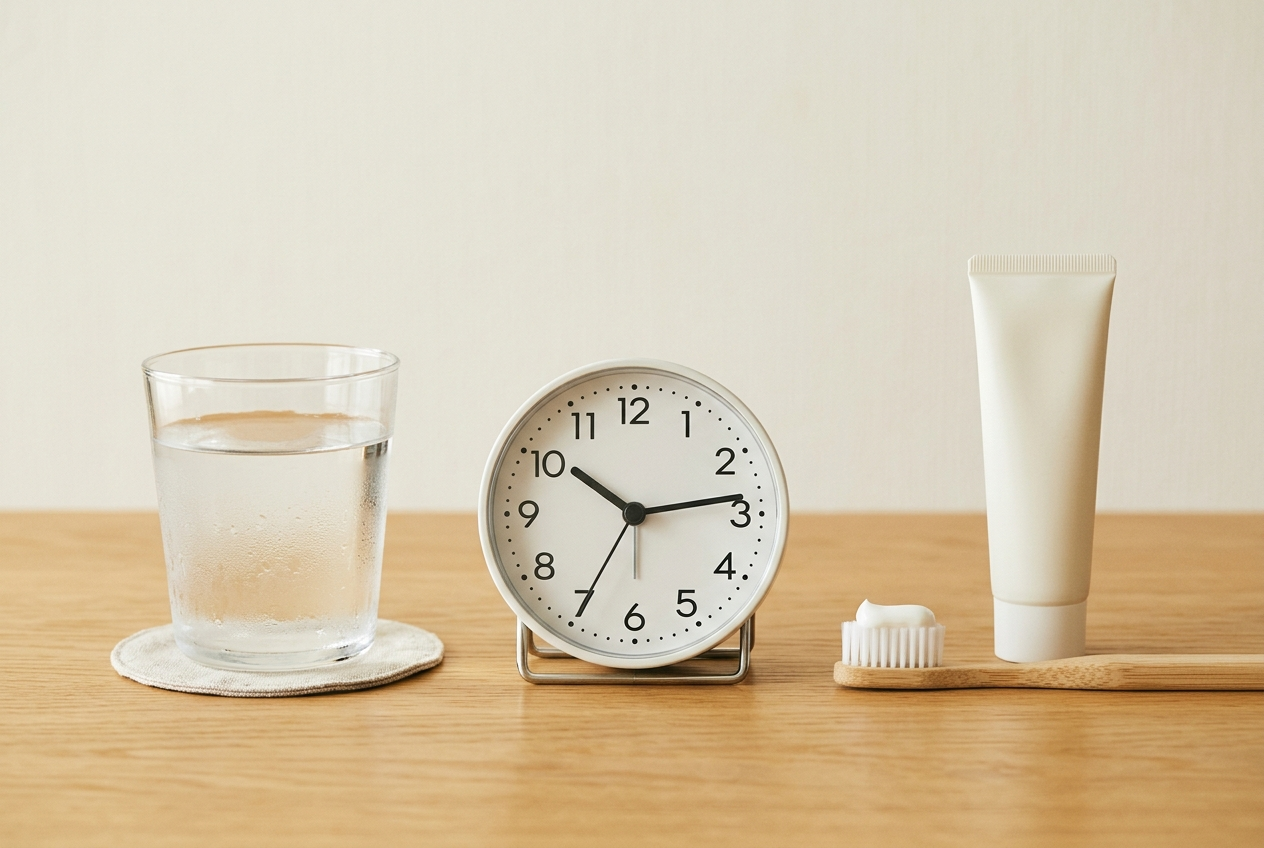 Water rinse, waiting period, and gentle fluoride brushing sequence after acid reflux