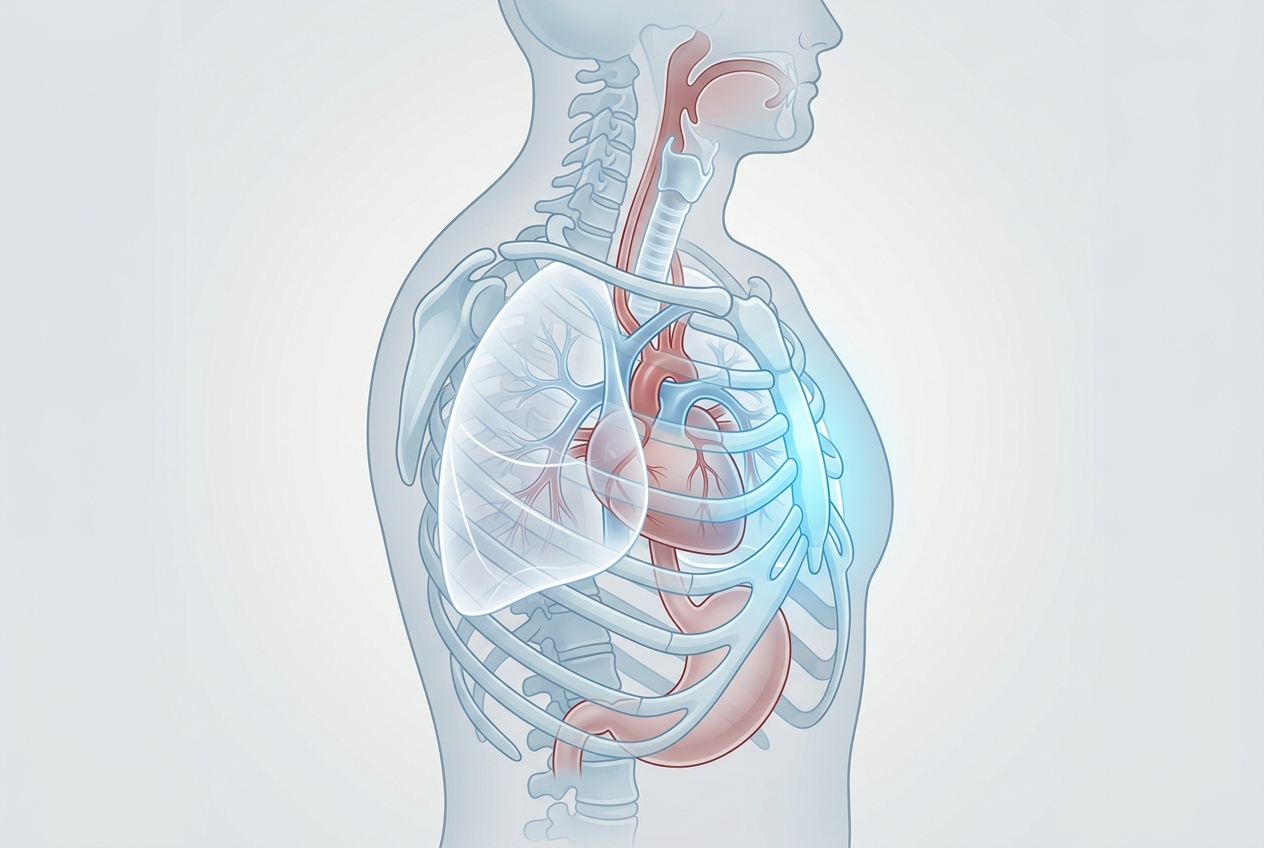 Simplified chest anatomy showing the heart, lungs, airway, and esophagus as possible sources of chest sensations