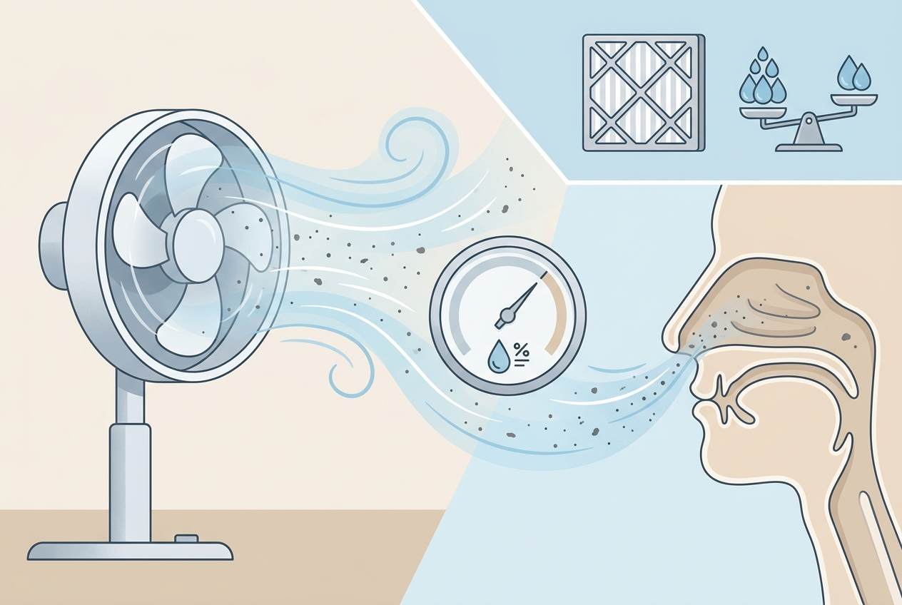 Fan airflow, dust particles, humidity, and an HVAC filter shown as factors in a dry cough