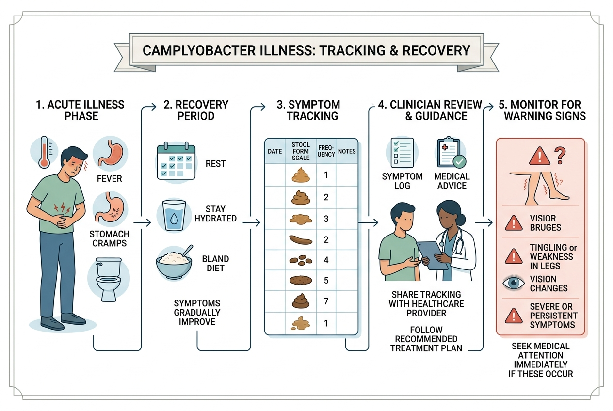 Diagram of Campylobacter recovery, bowel symptom tracking, and warning signs for medical review.