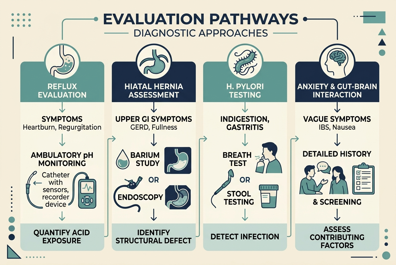 Diagnostic pathways for GERD, hiatal hernia, H. pylori infection, and anxiety-related gut symptoms.