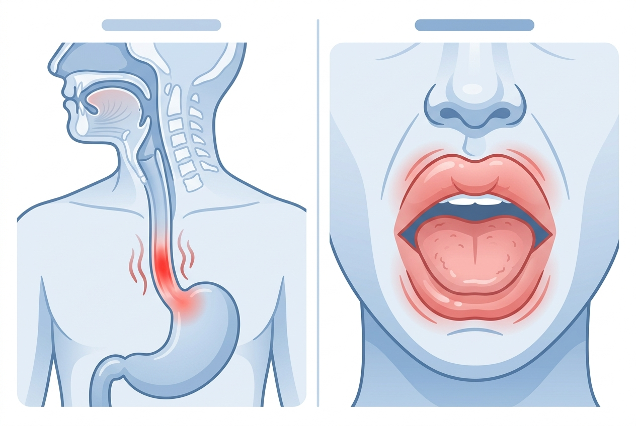 Visual comparison of acid reflux irritation and angioedema-related tongue swelling