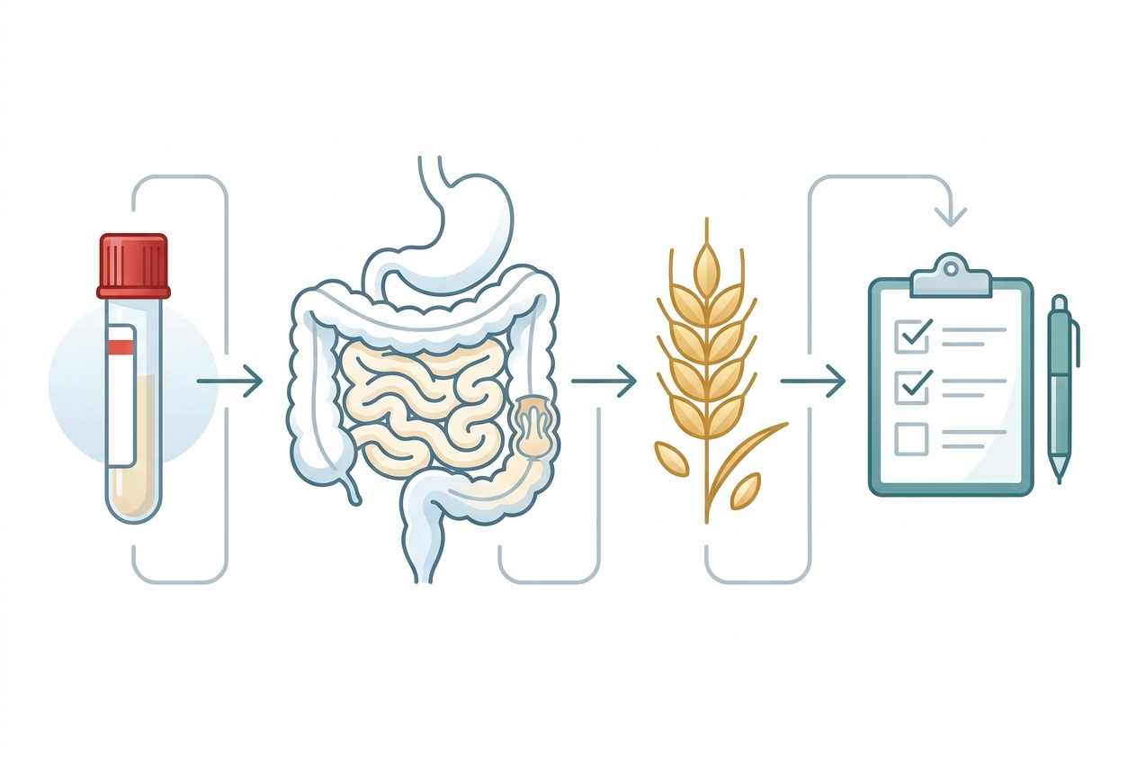 Visual pathway showing gluten exposure, celiac blood testing, and small-intestinal evaluation