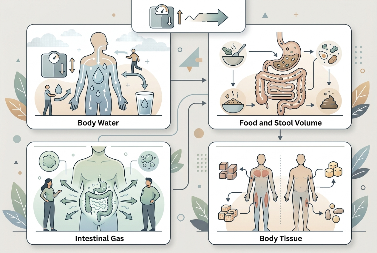 Infographic separating body water, food and stool volume, intestinal gas, and body tissue after stomach illness.