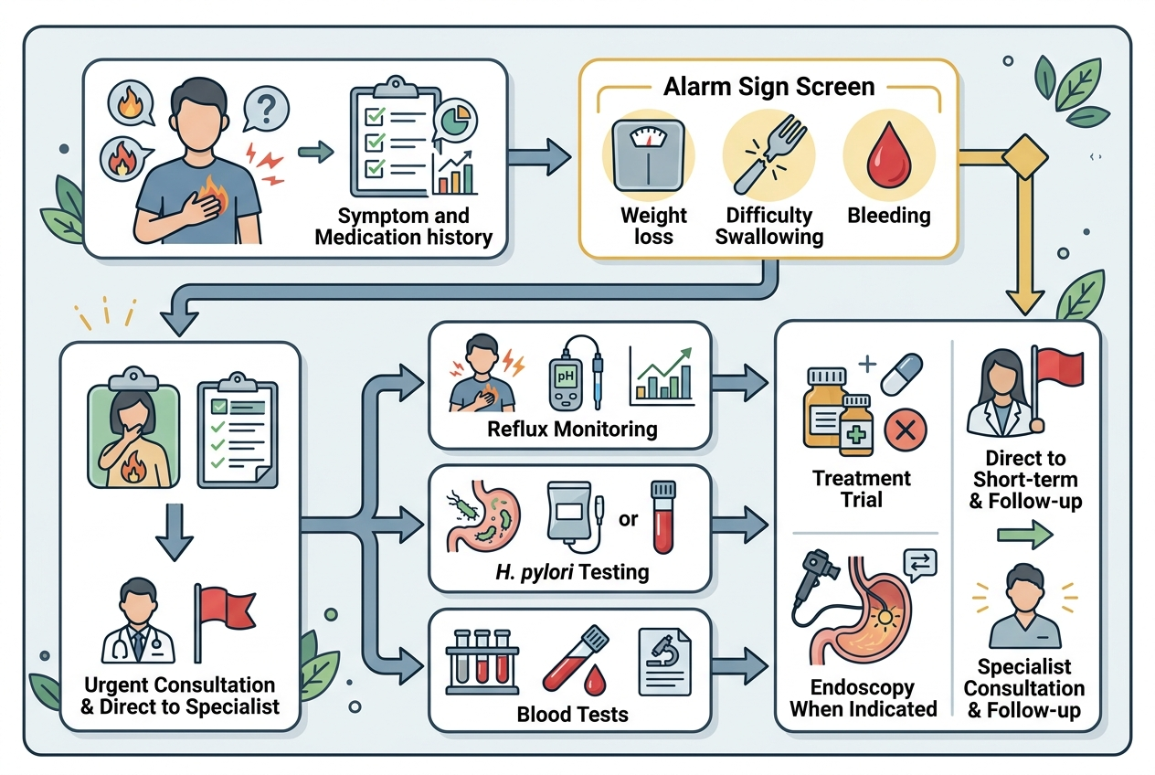 Clinical evaluation pathway for reflux symptoms and suspected low stomach acid.