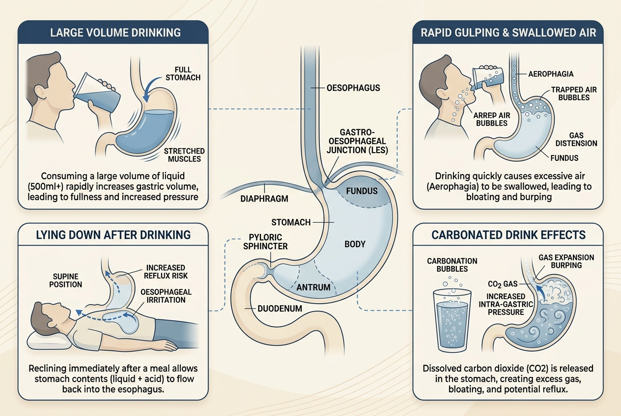 Diagram of drinking volume, speed, posture, and carbonation as possible reflux symptom triggers.