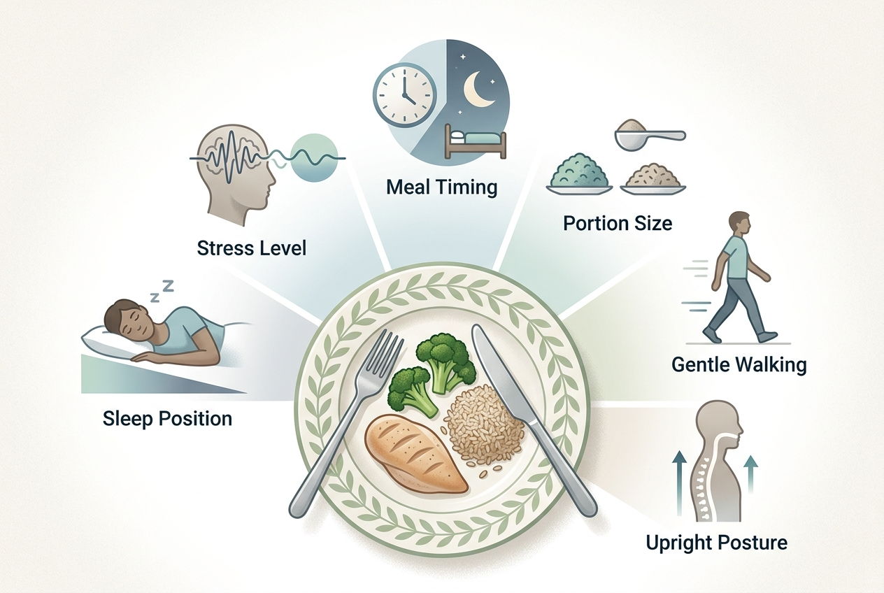 Meal timing, portion size, walking, sleep, and stress factors that can change reflux symptoms