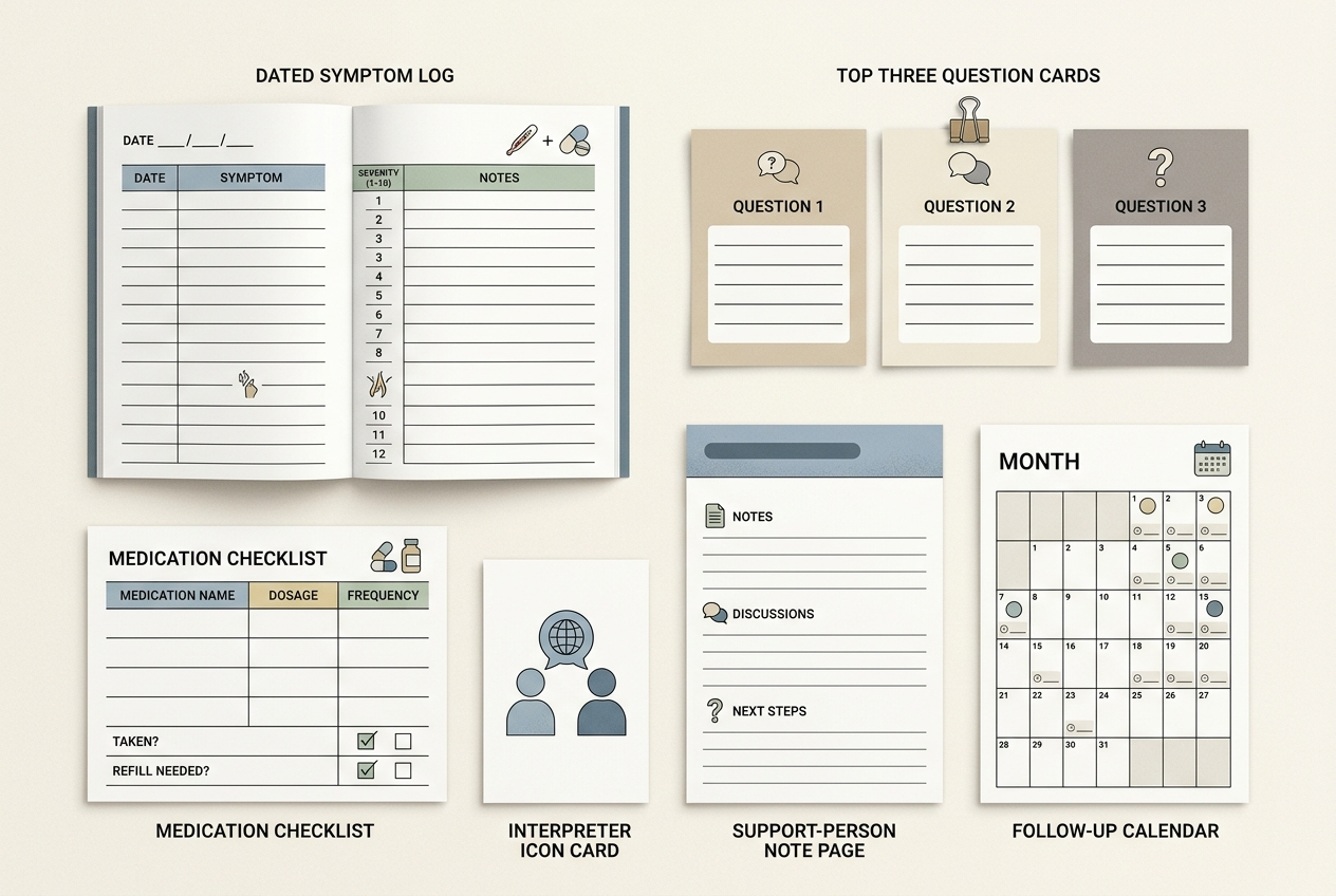 Appointment toolkit with a symptom log, prioritized questions, medication list, support, and follow-up plan