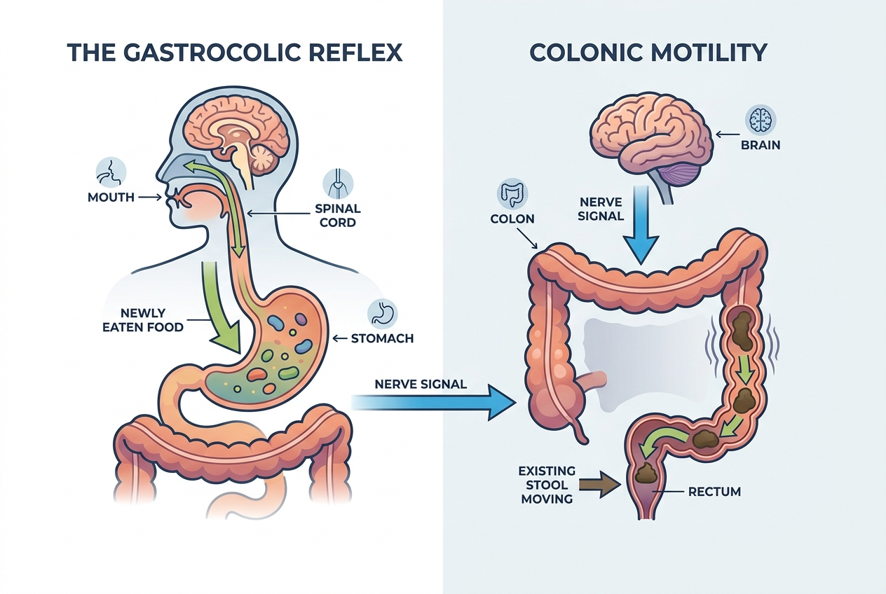 Diagram showing the stomach signaling the colon through the gastrocolic reflex after a meal.