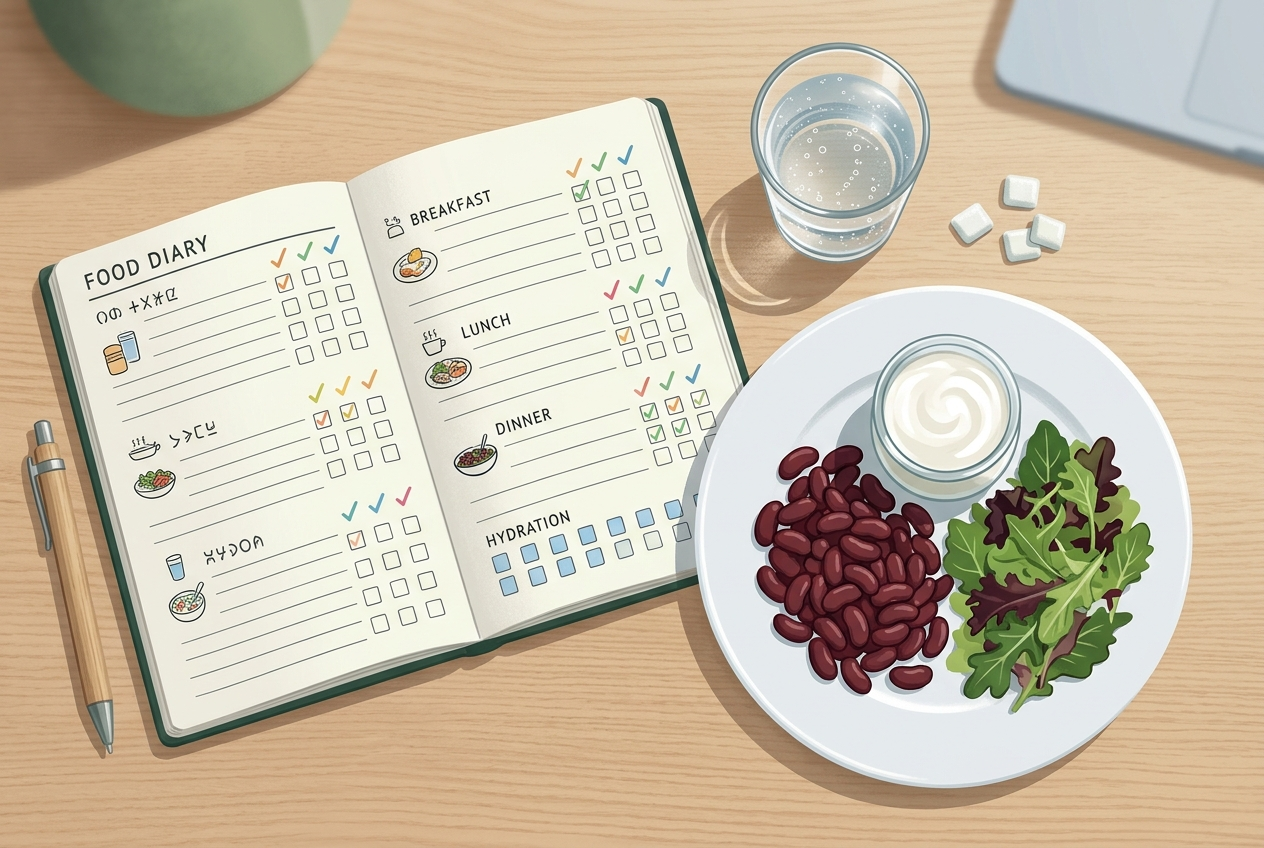 Food and symptom diary used to track possible triggers for gas and stomach growling