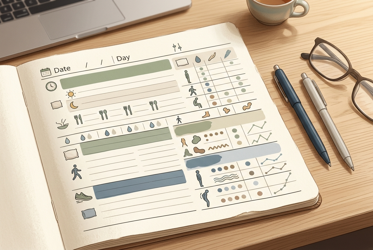 Diary for comparing stool patterns, meal timing, posture, and reflux symptoms