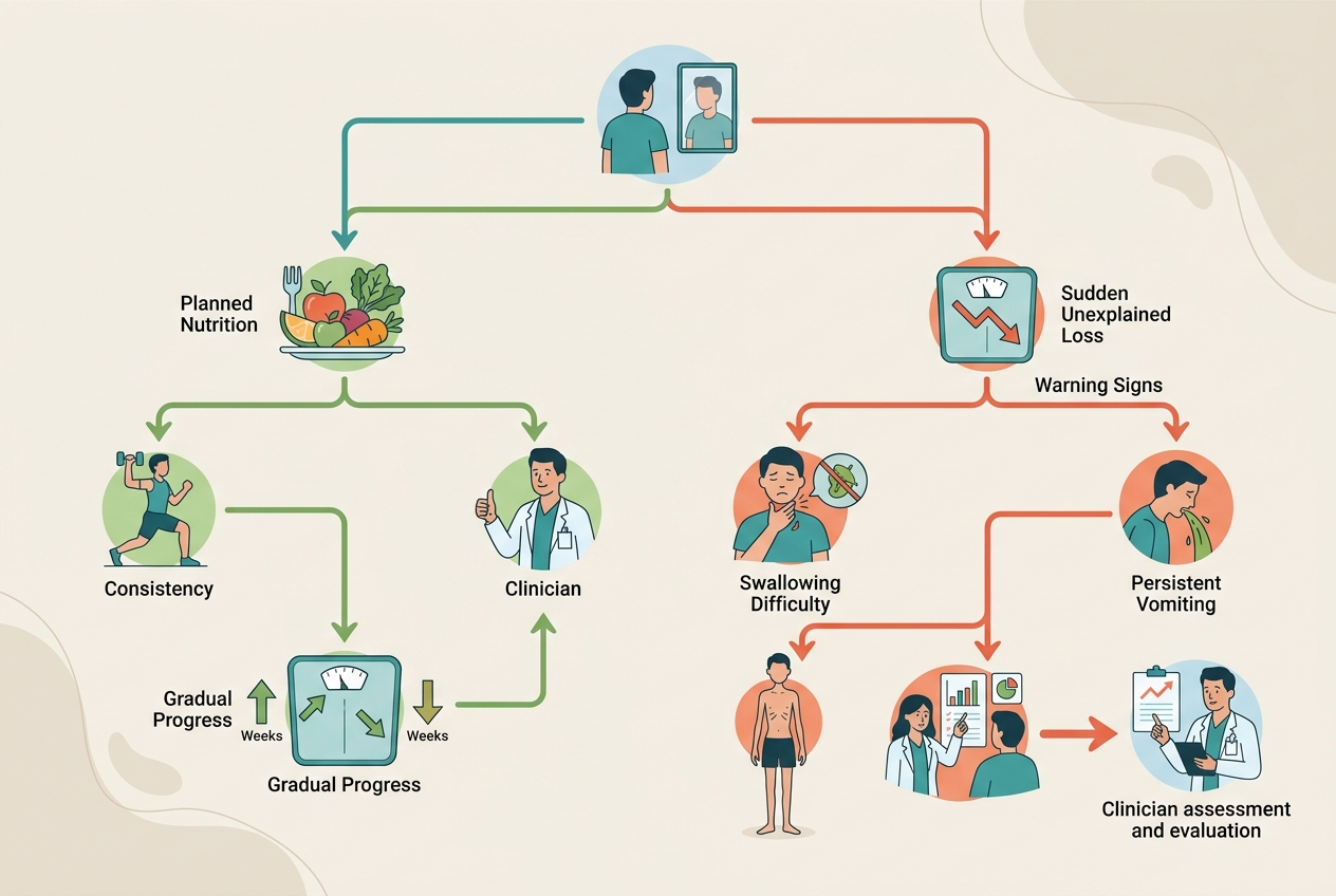 Diagram distinguishing planned gradual weight change from unexplained weight loss that needs medical assessment.