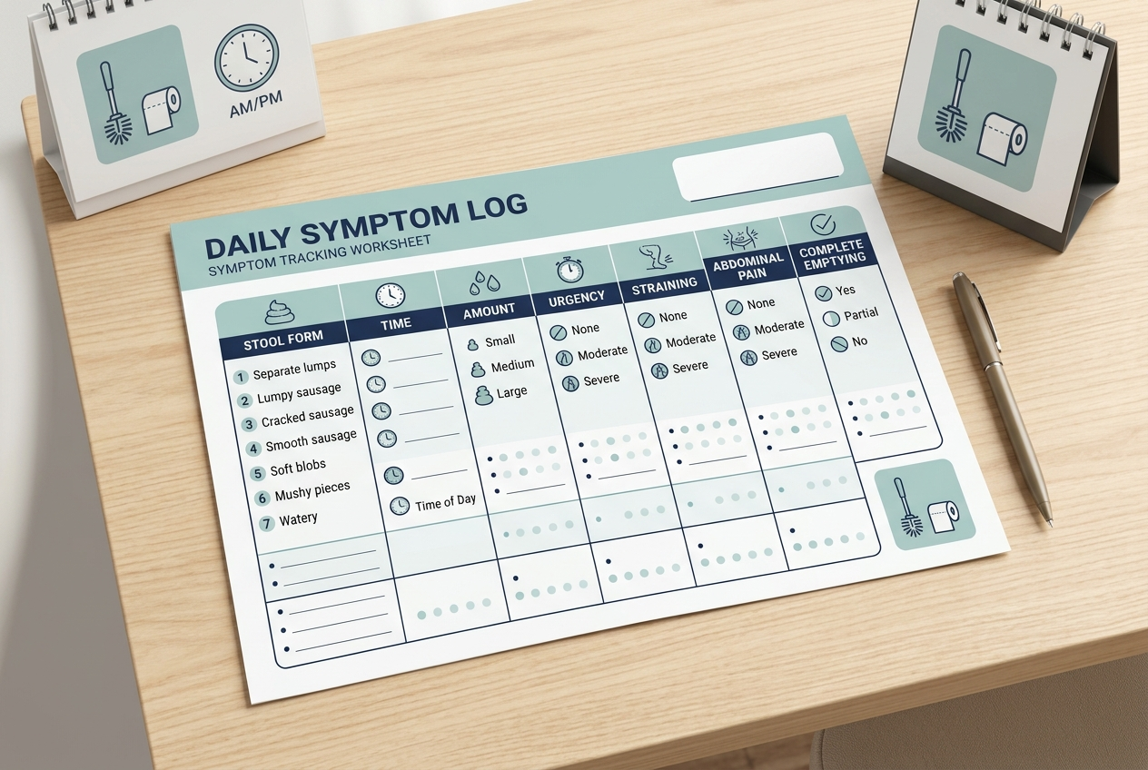 Bowel-pattern diary tracking stool form, timing, urgency, straining, pain, and complete emptying