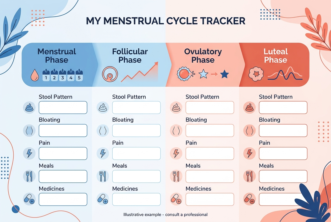 Menstrual-cycle timeline with spaces to record bowel patterns, bloating, pain, meals, and medicines.