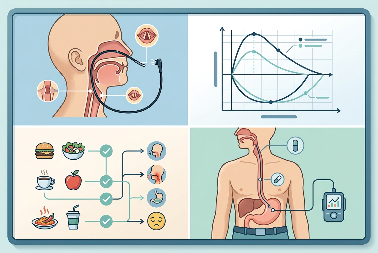 Laryngoscopy, spirometry, symptom diary, and esophageal pH monitoring shown as diagnostic tools.