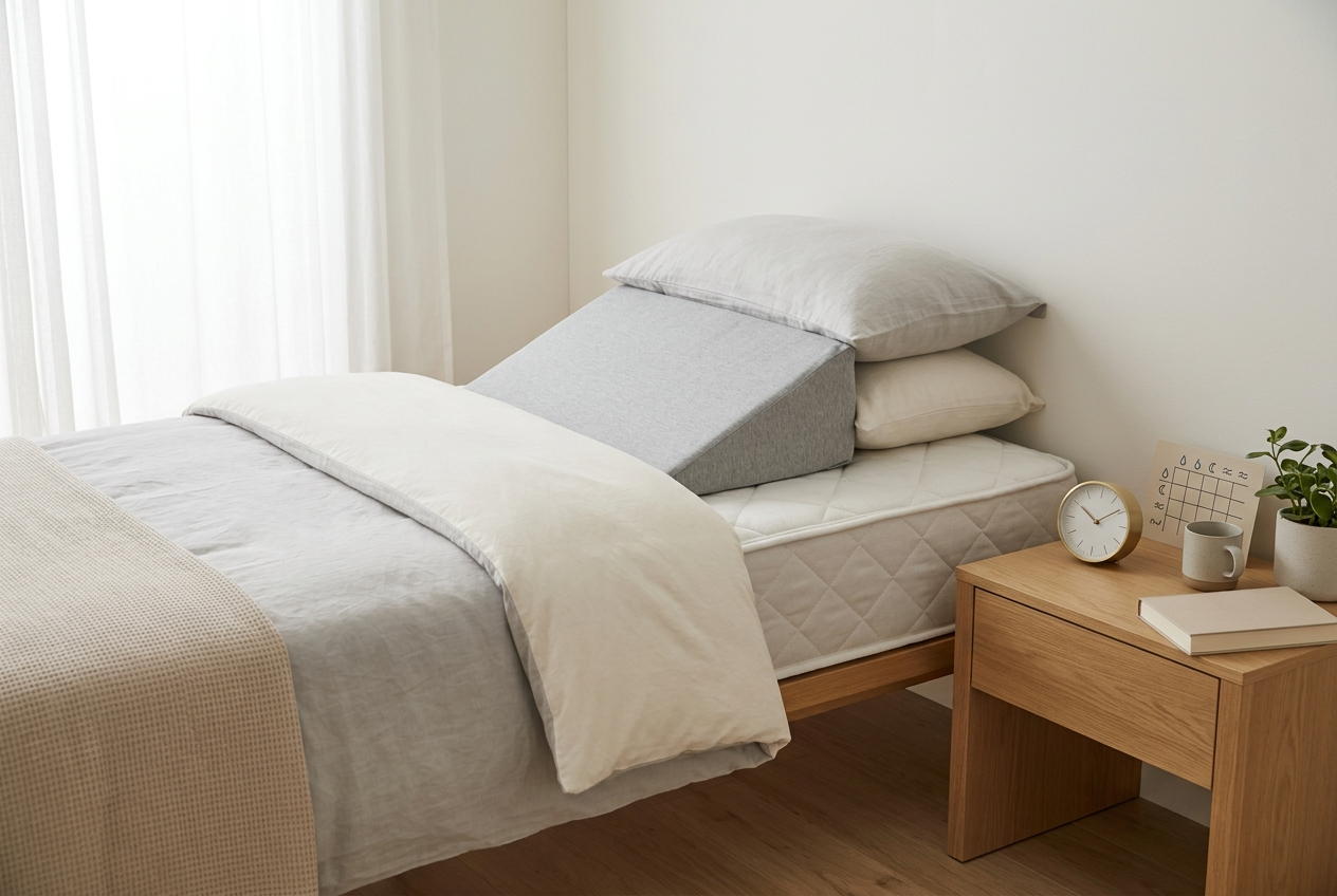 Stable foam wedge and bedtime setup used to test nighttime acid reflux support.