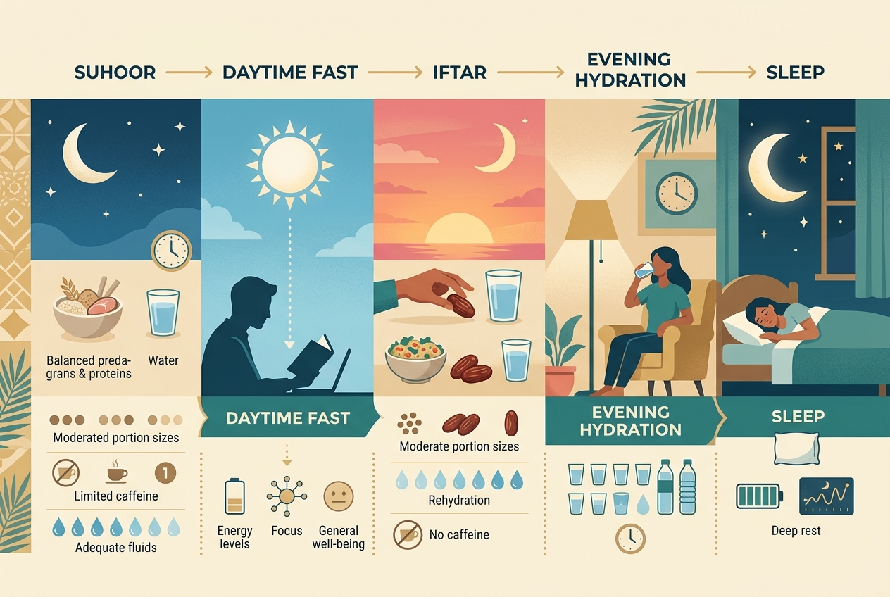 Ramadan daily timeline showing meal timing, hydration, caffeine, sleep, and digestive symptom tracking