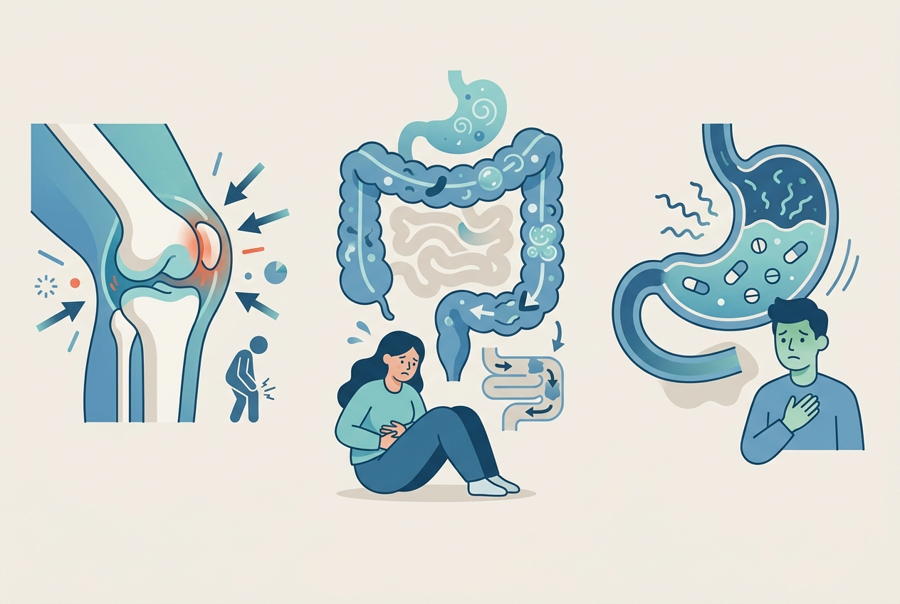 Educational comparison of gout joint symptoms, digestive bloating, and medicine-related stomach symptoms