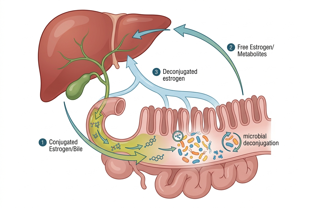 Liver and intestine pathway illustrating microbial estrogen metabolism and recirculation