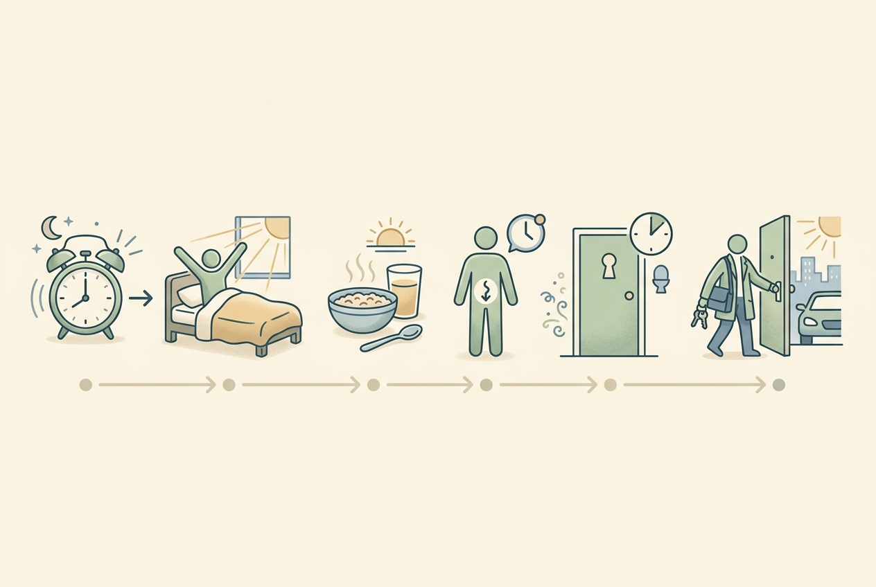 Morning timeline illustrating waking, breakfast, a natural bowel urge, and a short bathroom routine before work