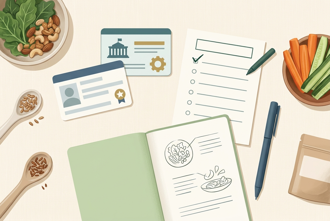 Credential card, license checklist, meal-planning notebook, and balanced foods used to verify a nutrition professional